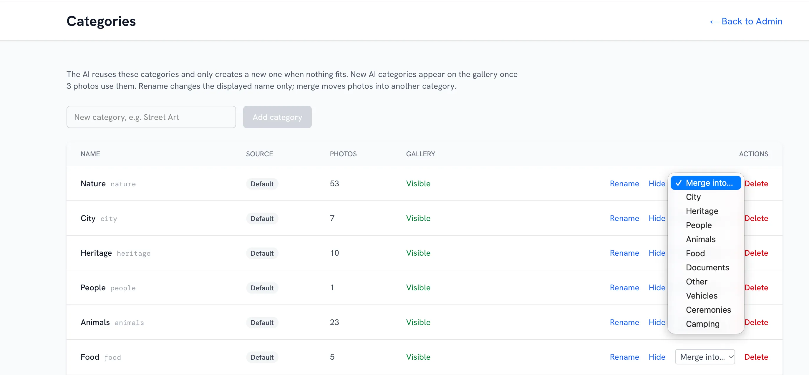 Categories admin with rename, hide and merge actions