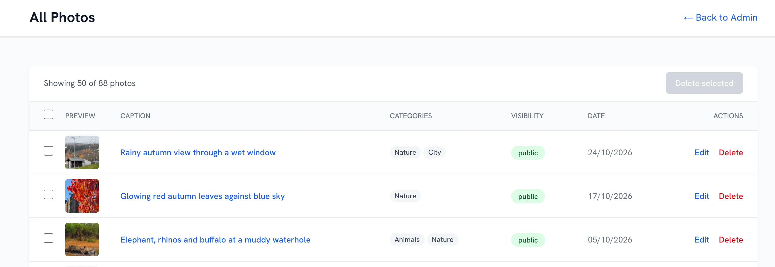Manage Photos table with AI-generated captions and categories