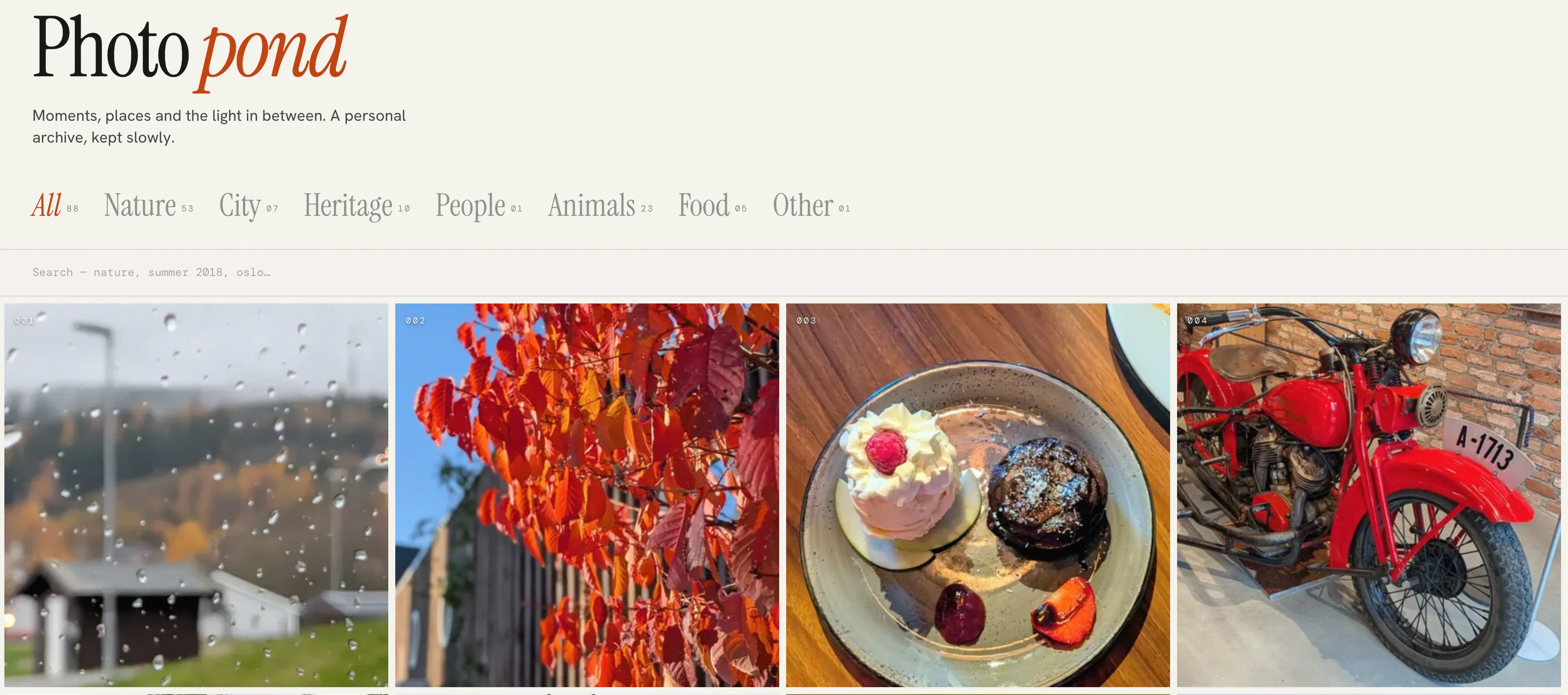Photo Pond public gallery with category tabs and search